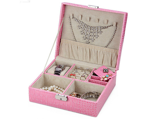 Cuero repujado lleno del cocodrilo caja de joyería del rosa de 2 capas para los pendientes, collar