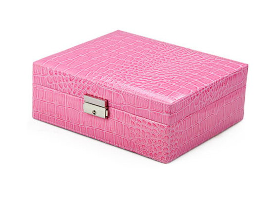 Cuero repujado lleno del cocodrilo caja de joyería del rosa de 2 capas para los pendientes, collar