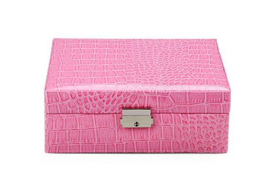 Cuero repujado lleno del cocodrilo caja de joyería del rosa de 2 capas para los pendientes, collar