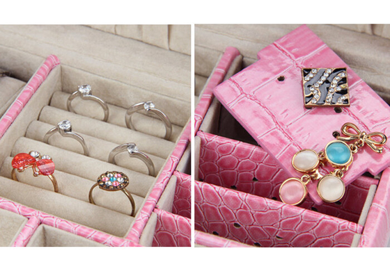Cuero repujado lleno del cocodrilo caja de joyería del rosa de 2 capas para los pendientes, collar