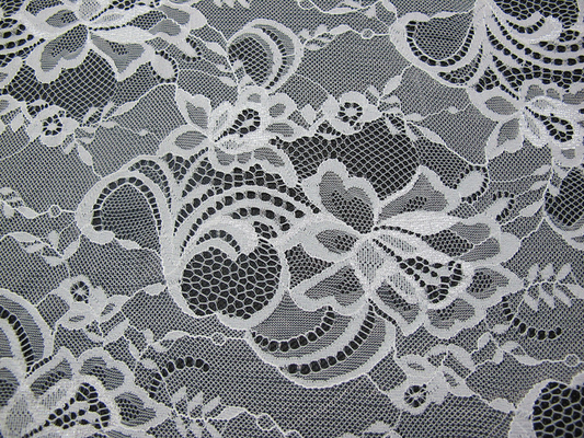 Floral suizo de nylon blanco de la tela del cordón hecho punto con el cordón de la frontera y el borde de la concha de peregrino